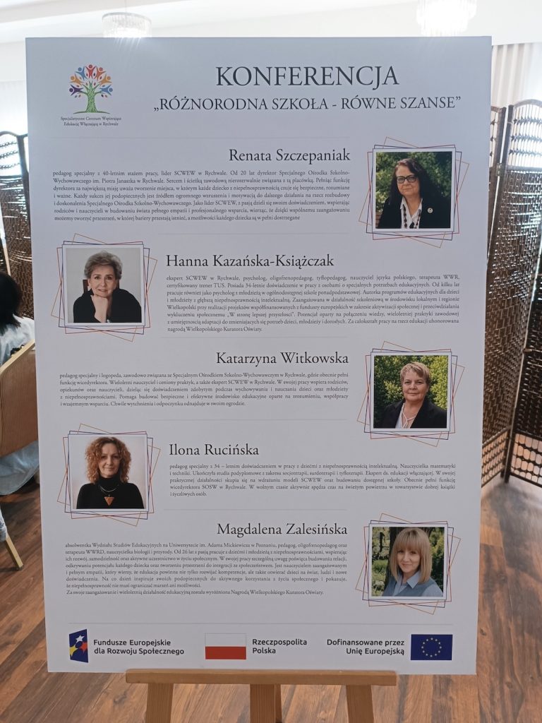 Plakat informacyjny konferencji „Różnorodna szkoła - równe szanse” przedstawiający zdjęcia i krótkie biogramy pięciu prelegentek. Na dole znajdują się logotypy Funduszy Europejskich, Rzeczypospolitej Polskiej i Unii Europejskiej.