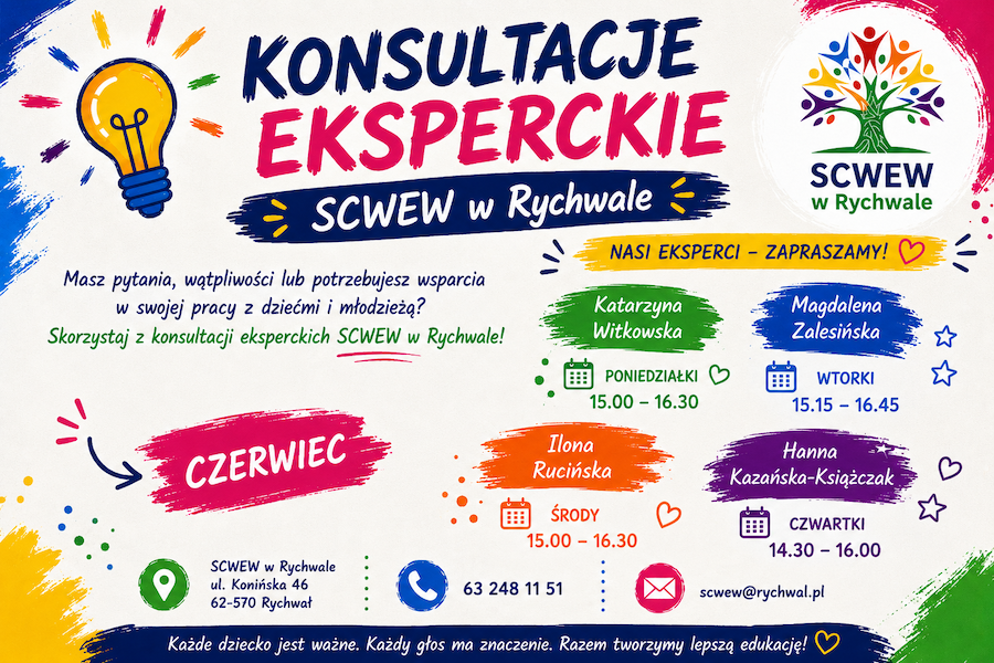 Plakat zaprasza na czerwcowe konsultacje eksperckie w SCWEW w Rychwale. Grafika przedstawia harmonogram dyżurów czterech ekspertek oraz dane kontaktowe placówki.